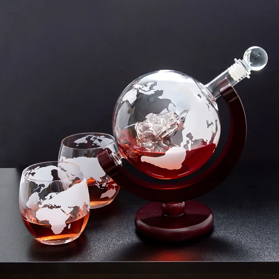 Ensemble de carafe globe créatif avec carafe sans plomb, support en bois exquis, 2 verres à whisky, carafe à whisky, cadeau de qualité