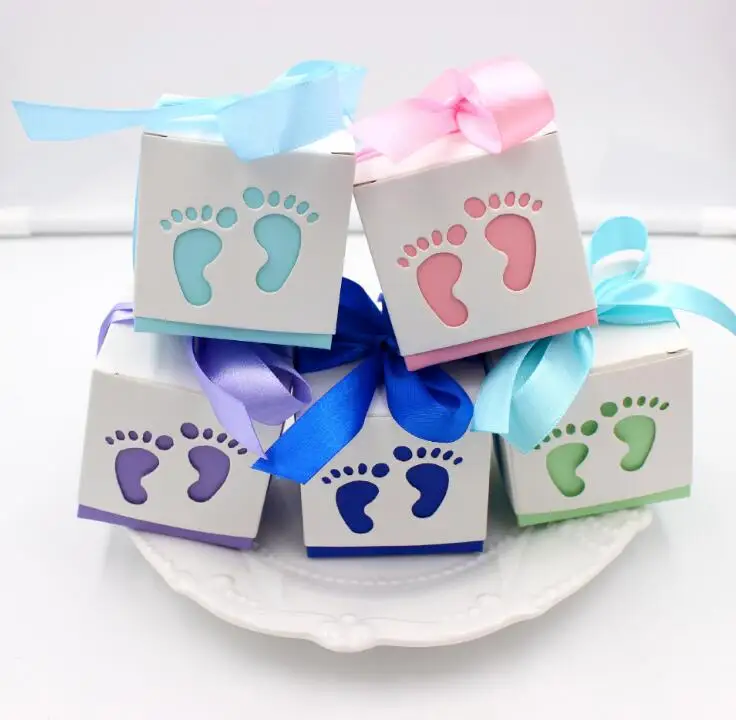 

Lovely baby Feet foot Laser Cut-out Baby Shower Favor Gift Candy Box Gift Boxes For Boy Girl Birthday Party Favors Gift 100pcs