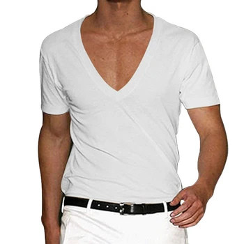 T-shirt a maniche corte da uomo estive scollo a V profondo tinta unita palestra fitness muscolare canottiera magliette per abbigliamento da uomo