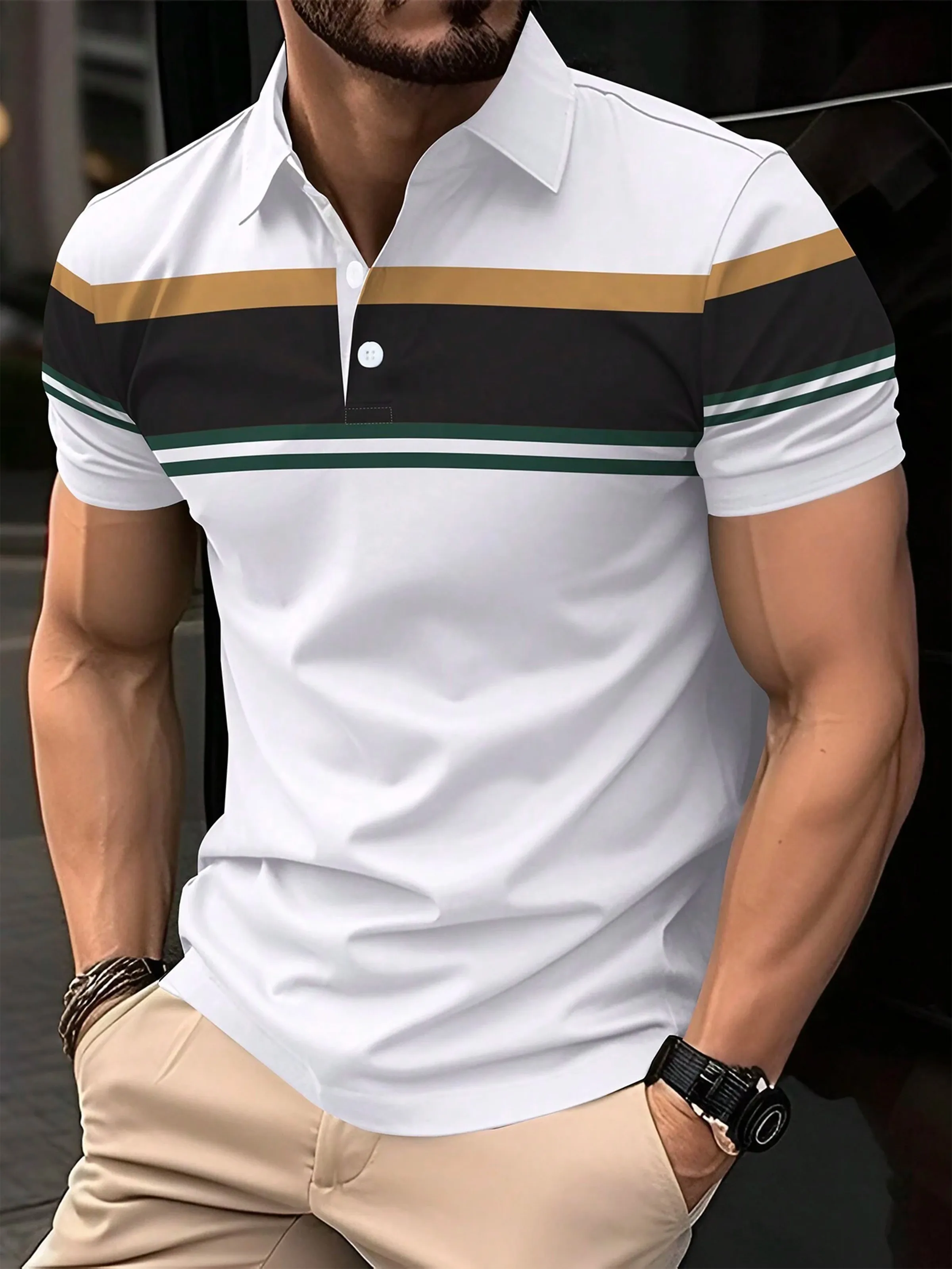 New Summer Men's Polo Shirt Button Collar Short Sleeve Pullover Casual Sports Solid Color Striped Lapel Trend Men's T Shirt 11 S652c9469d04347ec9825c943b5dea002e