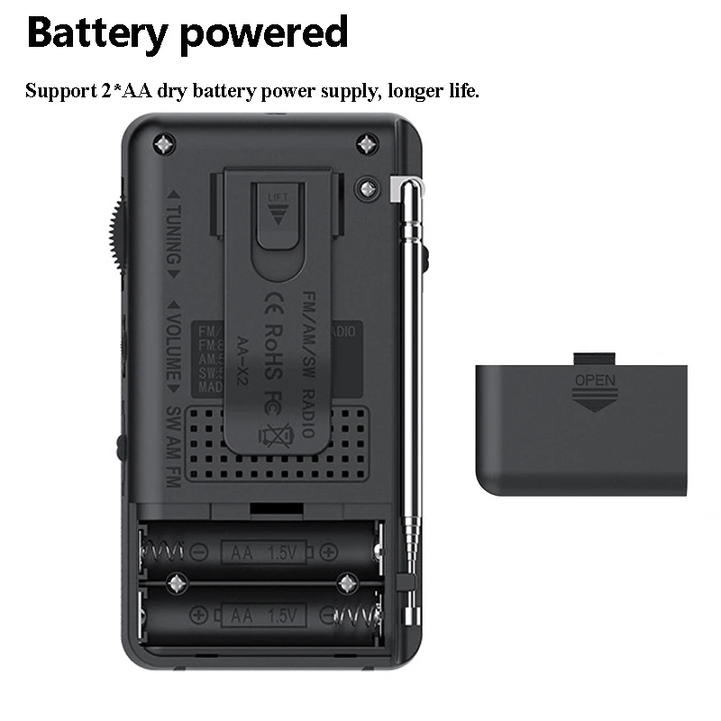 Battery Operated Radio Mini Pocket FM AM SW Radios Built-in Speaker with 3.5mm Headphones Jack Emergency Flashlight for Elder