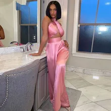  NEWDISCVRY Sexy Satin Women Two Piece Set Summer Halter Tank Top High Waist Palazzo Pants Set Fashion Party Club 2 Piece Set 