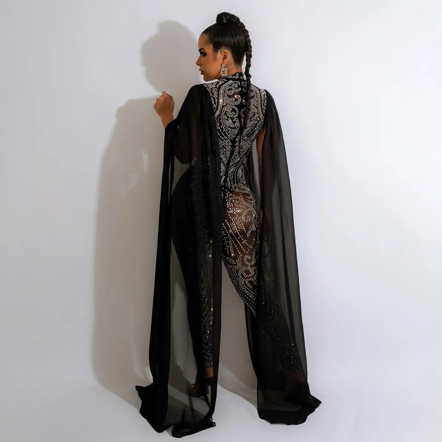 Sparkle Black Rhinestones Mesh 2023 New Shift Long Sleeve Jumpsuits Women Rompers Glitter Skinny Crystal Jumpsuits Clubwear