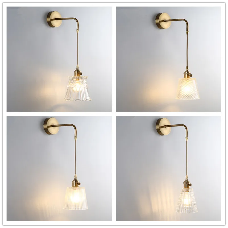 

Vintage Copper Material Clear Glass Shade Sconce Retro Simple Small Brass Wall Light Mirror Longer Cord Switch Front Lamp