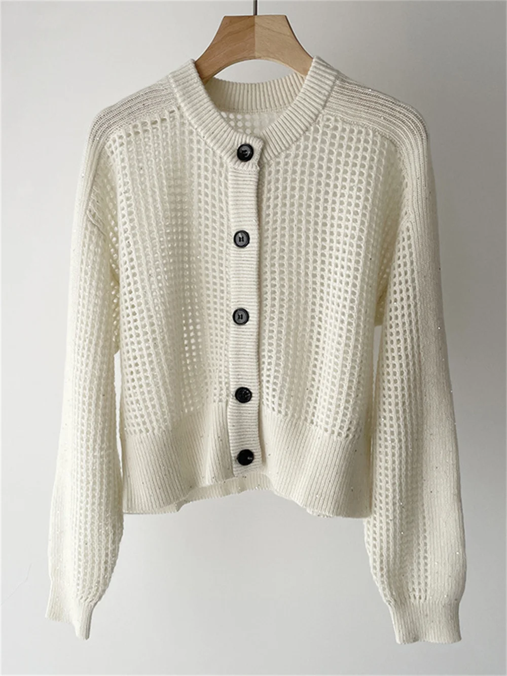 

Women Sequin Decoration Hollow Out Sweater 2023 Summer New Ladies O-Neck Long Sleeve Single Breasted Solid Color Cardigan
