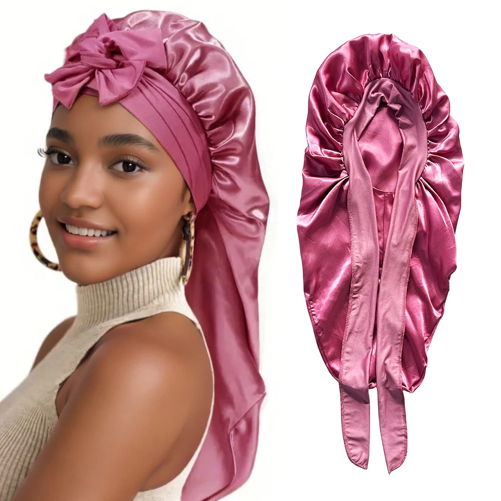 Hanbertti Paquete De 2 Gorros De Satén Para Dormir Con Banda Elastica Para Atar Capo Sedoso Para Mujeres Adultas Y Ninas Con Cabello Rizado Negro