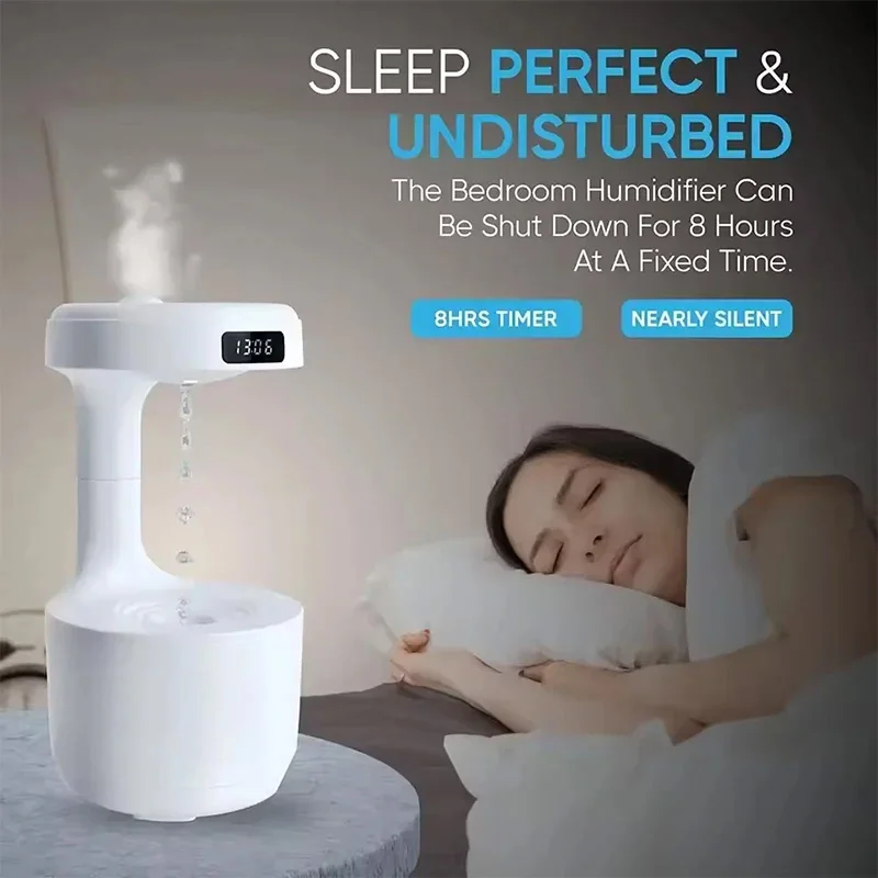 Creative Water Drop Backflow Humidifier USB Powered with LED Display for Home Office and Bedroom Air Moisturizing
