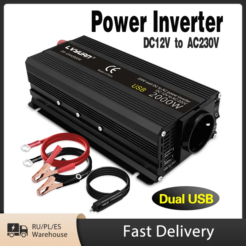 Inverter 1500W/2000W 12 V 220 V Convertitore 2 Usb Eu Universal Webasto 12 Volt Inversor12V 220 V Inversores Solar