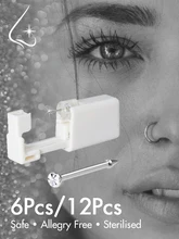  6/12Pcs Disposable Self Nose Piercing Gun Kit Sterile Painless Safe Nostril Piercer Tools Machine Crystal Gem Nose Stud Jewelry 