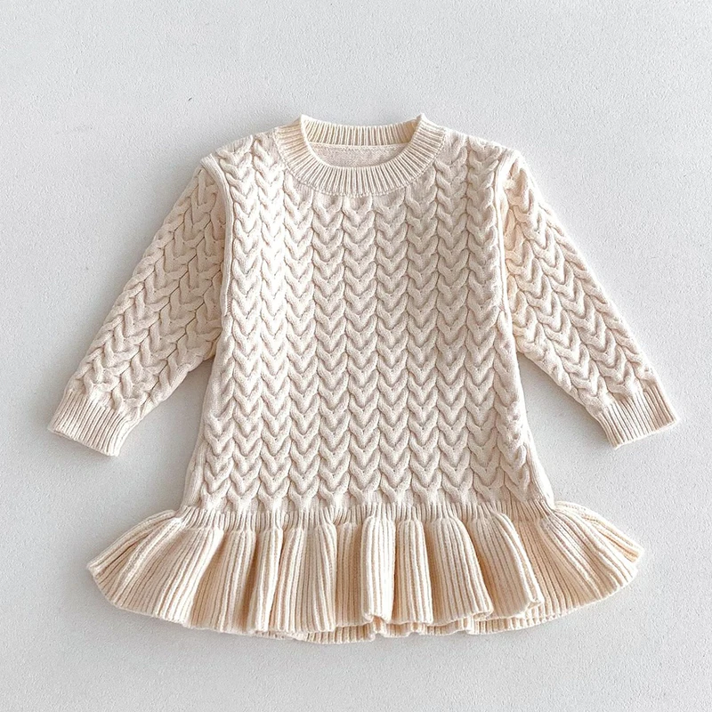 Autumn 1-6Yrs Baby Girls Long Sleeved Solid Color Knitting Dress Kids Princess Dresses Children Knitted Clothes