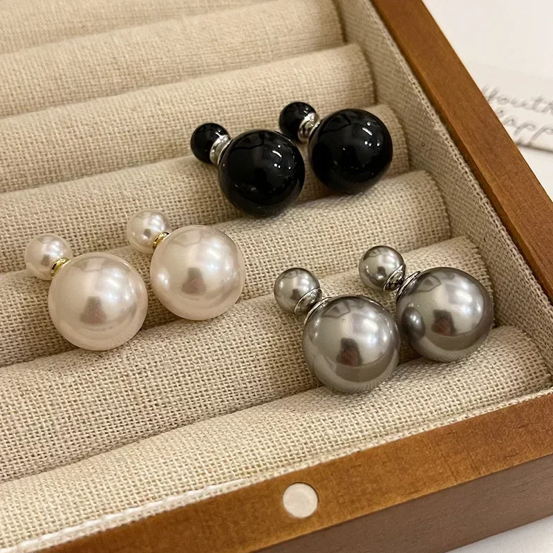 Imitation Pearl Double Side Round Bead Earring Stud For Women Black Silver Color Beads Cute Girls Hot Statement Earrings Jewelry