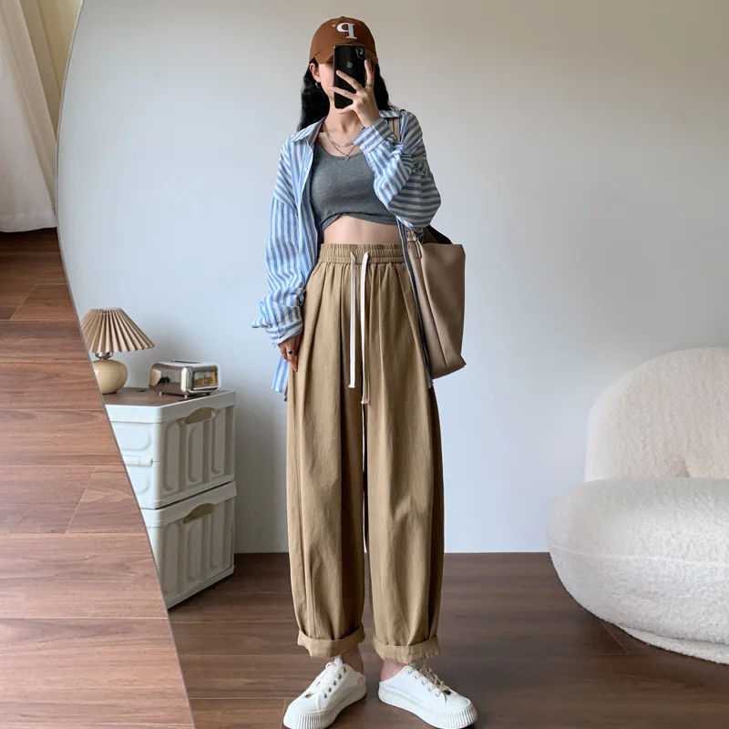 

Vintage Baggy Cargo Pants Women Khaki Wide Leg Pants Female Harajuku Sweatpants Japanese Trousers Drawstring Streetwear Pantalon