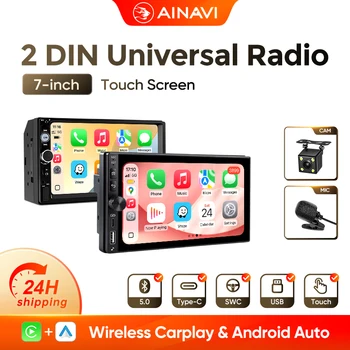 Radio de Auto Universal AINAVI 2 Din, Carplay Inalámbrico, Android Auto HD, Pantalla Táctil IPS de 1280*720, USB Tipo-C, Reproductor Multimedia para Auto MP5 2DIN 1