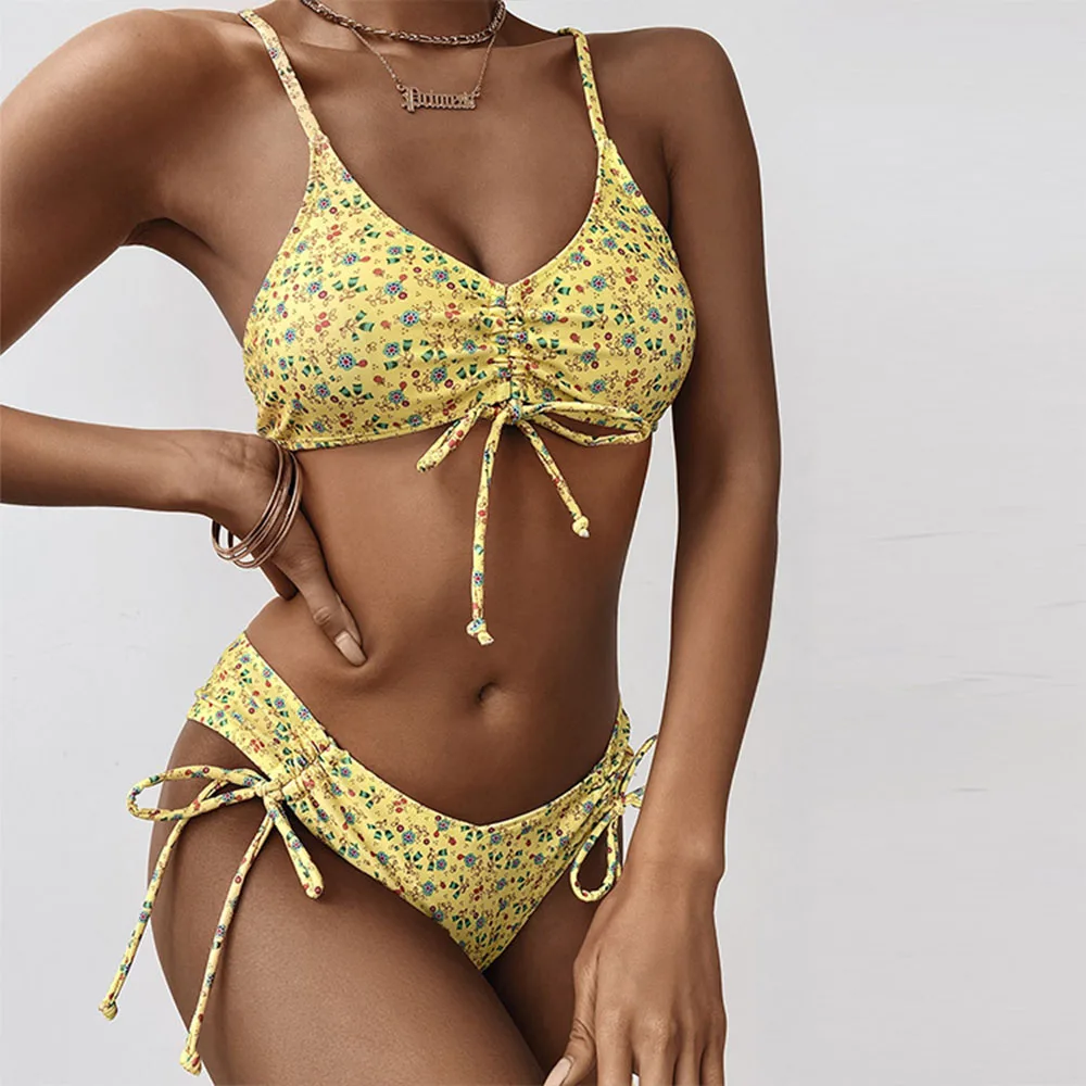 

2023 New Sexy Low Bikini Set Swimsuit Women Print Floral Brazilian Backless Swimsuit Lace Up Beachwear Polka Dot Biquini Women