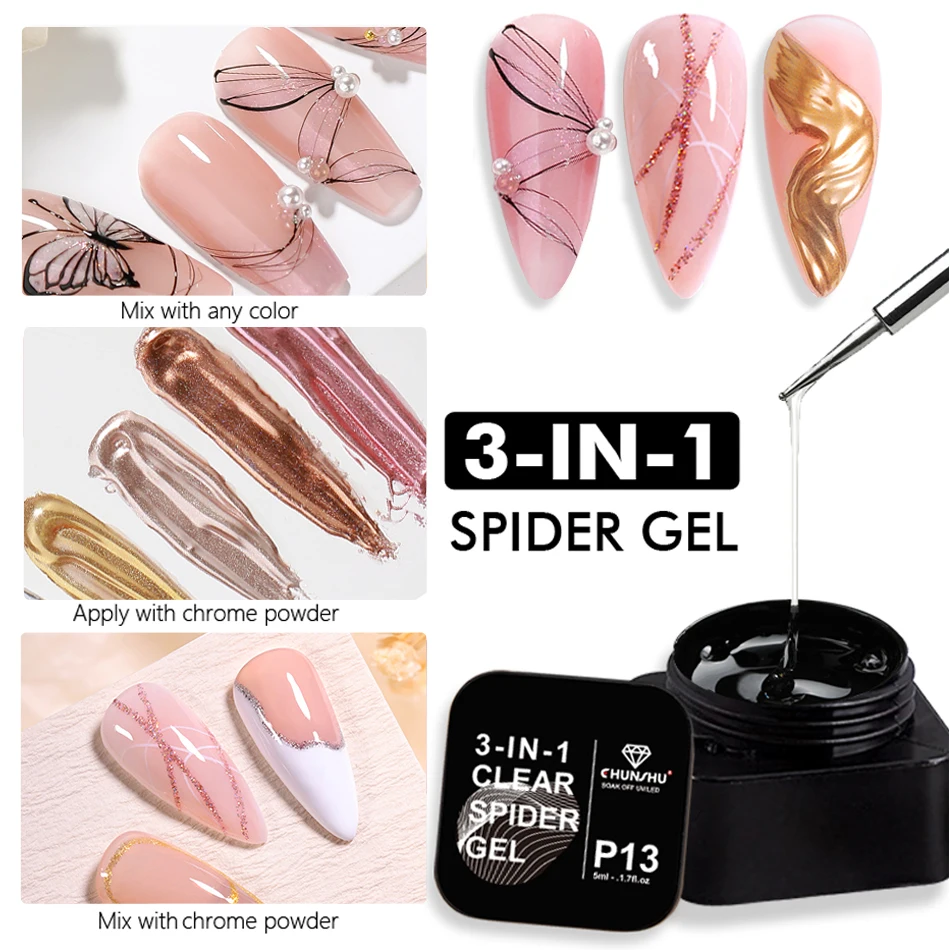 

CHUNSU 3 In 1 Spider Gel Nail Polish No Wipe Functional UV Gel Creative Wire Drawing Liner Soak Off Magic Powder 5ML Clear DIY