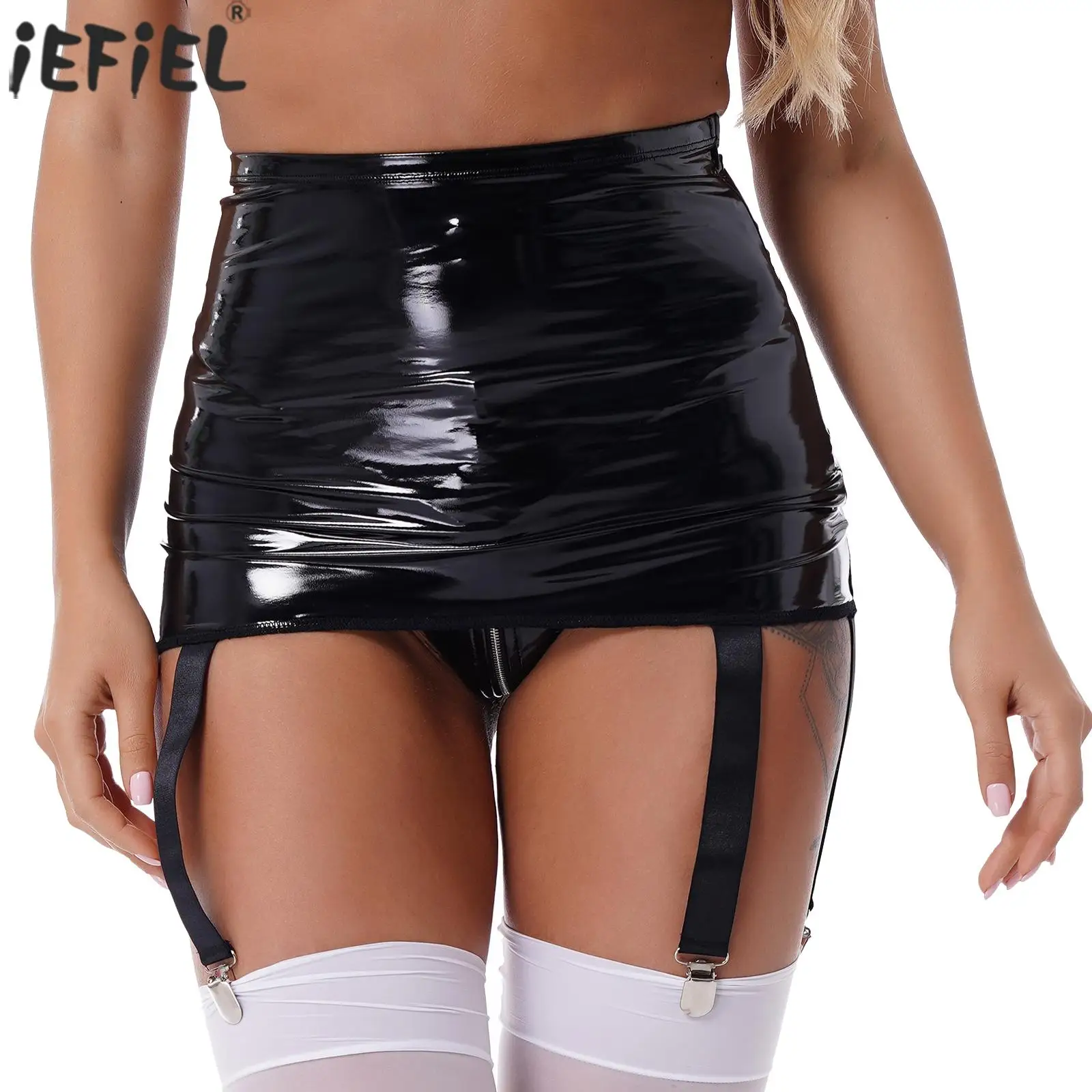 

Womens Wet Look Patent Leather Garter Belt High Waist Suspenders with Six Metal Buckle Clips sexy Lingerie Exotic briefs