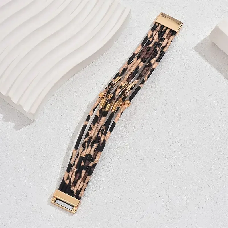 Vintage Magnetic Buckle Leopard Print Leather Bracelets for Women Men Creative Design Multilayer Wrap Wide Bracelet Jewelry Gift