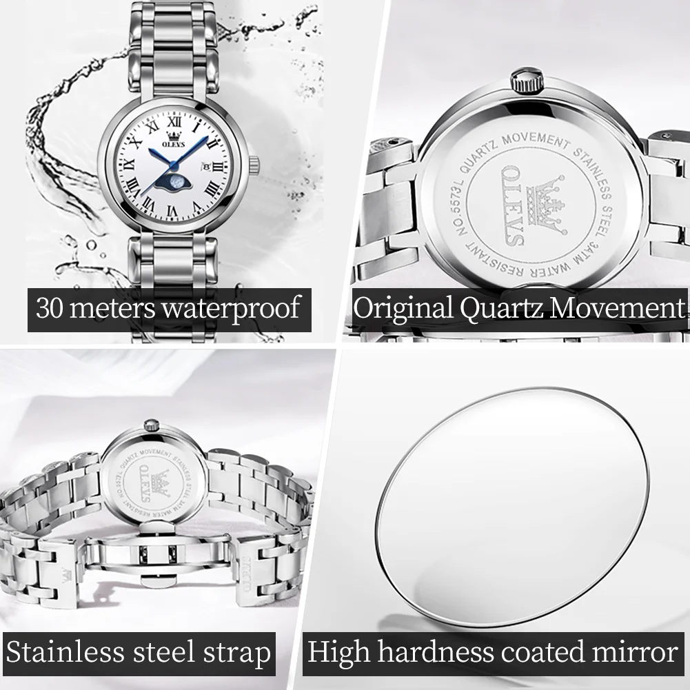 OLEVS Brand Luxury Moon Phases Quartz Watch for Women Stainless Steel Strap Waterproof Fashion Date Women Dress Wristwatch
