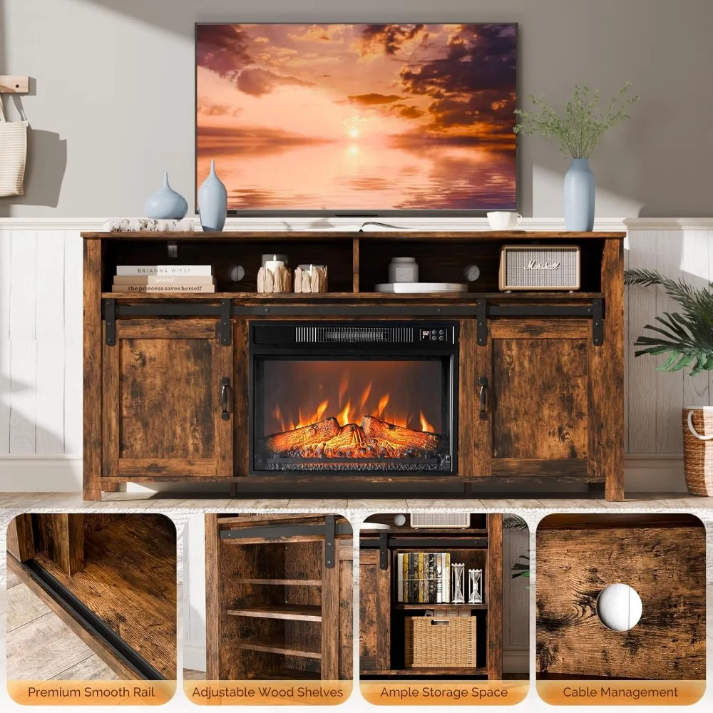 Fireplace TV Stand with Sliding Barn Door for 70 Inch TV,Farmhouse Entertainment Center with 23" Fireplace,Rustic Media Console 4