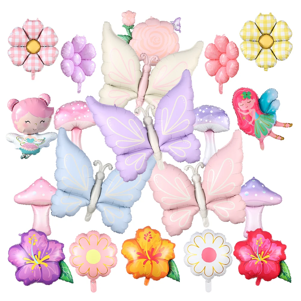 Pastellfarbener Schmetterling Pilz Fee Hibiskus-Blume Folienballon Verzauberter Wald Deko Frühling Hochzeit Geburtstag Babyparty Zubehör