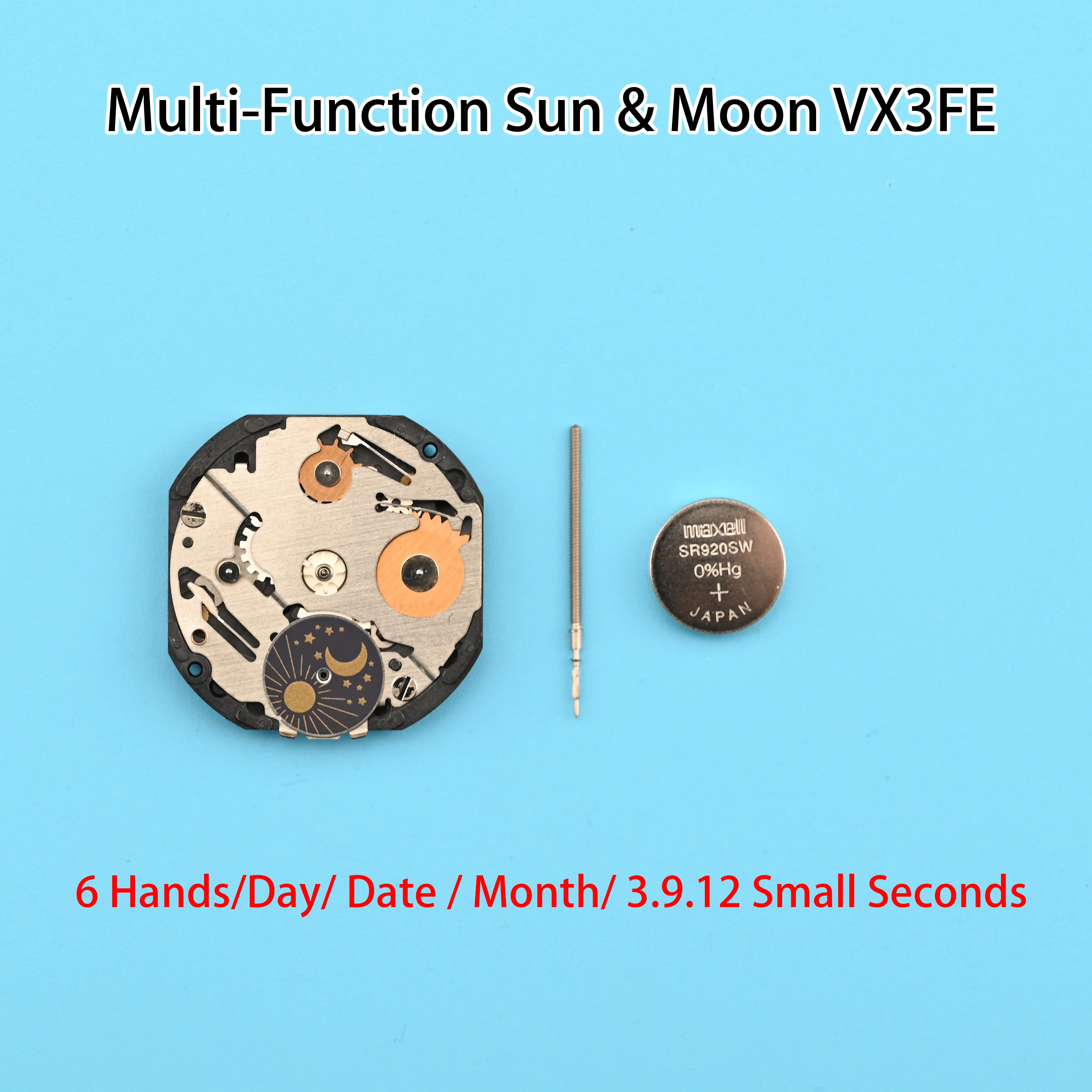 

VX3F Multi-Function Sun & Moon VX3FE | VX3 Series Quartz Movement 3,9,12 Seconds Movement Size:10 1/2''' Six Hands Day / Date