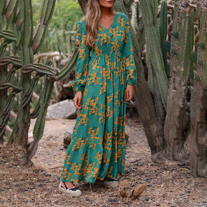 Casual V-Neck Printed Tie-Waist Loose Sleeveless Flowy Maxi Dress