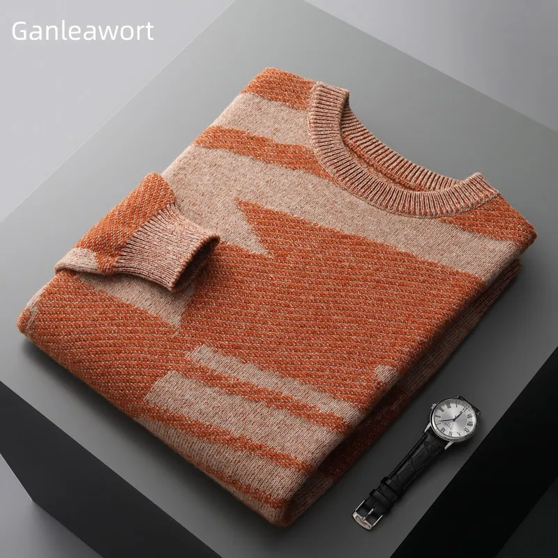 

Ganleawort Pure Woolen Sweater Men's Round Neck Thickened Pullover Color Block Knit Shirt Autumn Winter New Fashion Korean Top