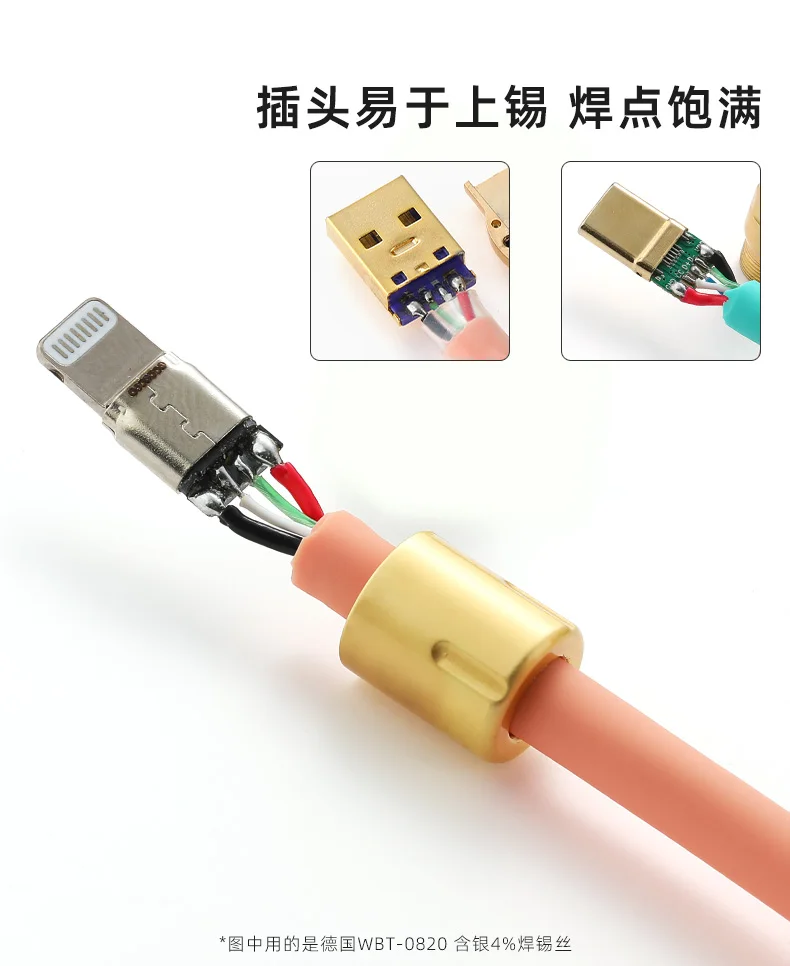 Datenladekabel, Kupferschale, stoßdämpfende Schlaufe für Typ C / Lightning / USB A B-Anschlüsse, Schwanzbuchse, Port-Schnittstelle – Detail 5