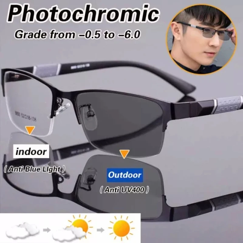 Blue Light Glasses Photochromic Sun Glasses Half-frame Business Style Myopia Glasses Diopter 0 To -6.0 Glasses for Men 6