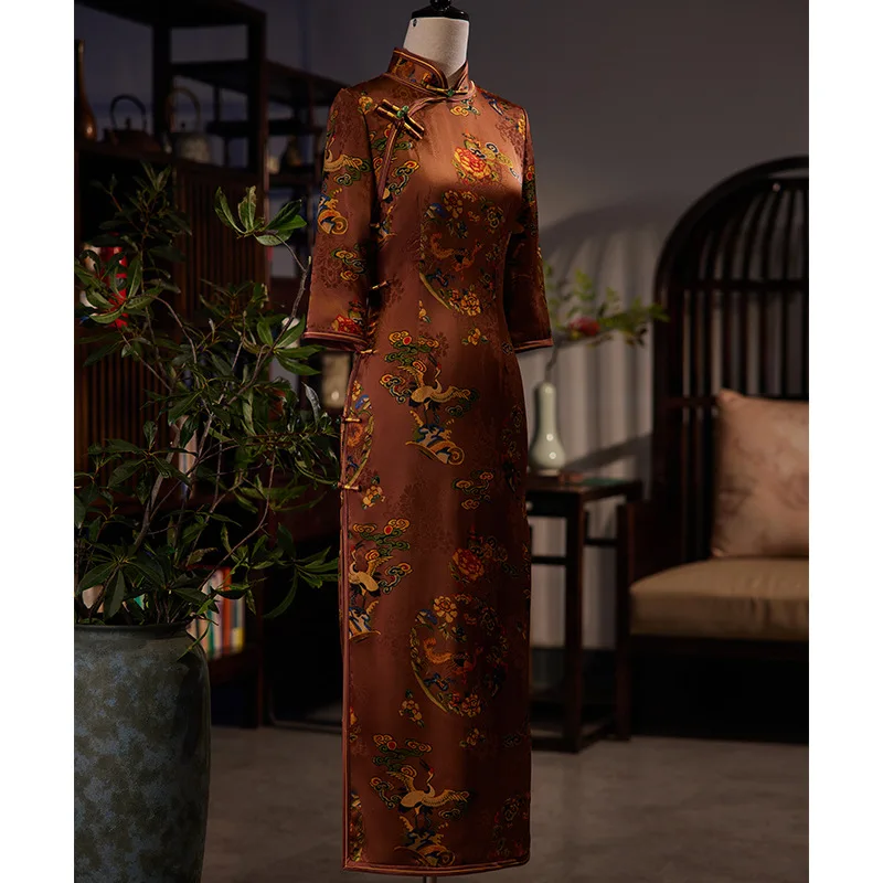 

Sexy Floral Crane Printed Satin Cheongsam Oriental Side Eight-Button Double-Layer Women Qipao