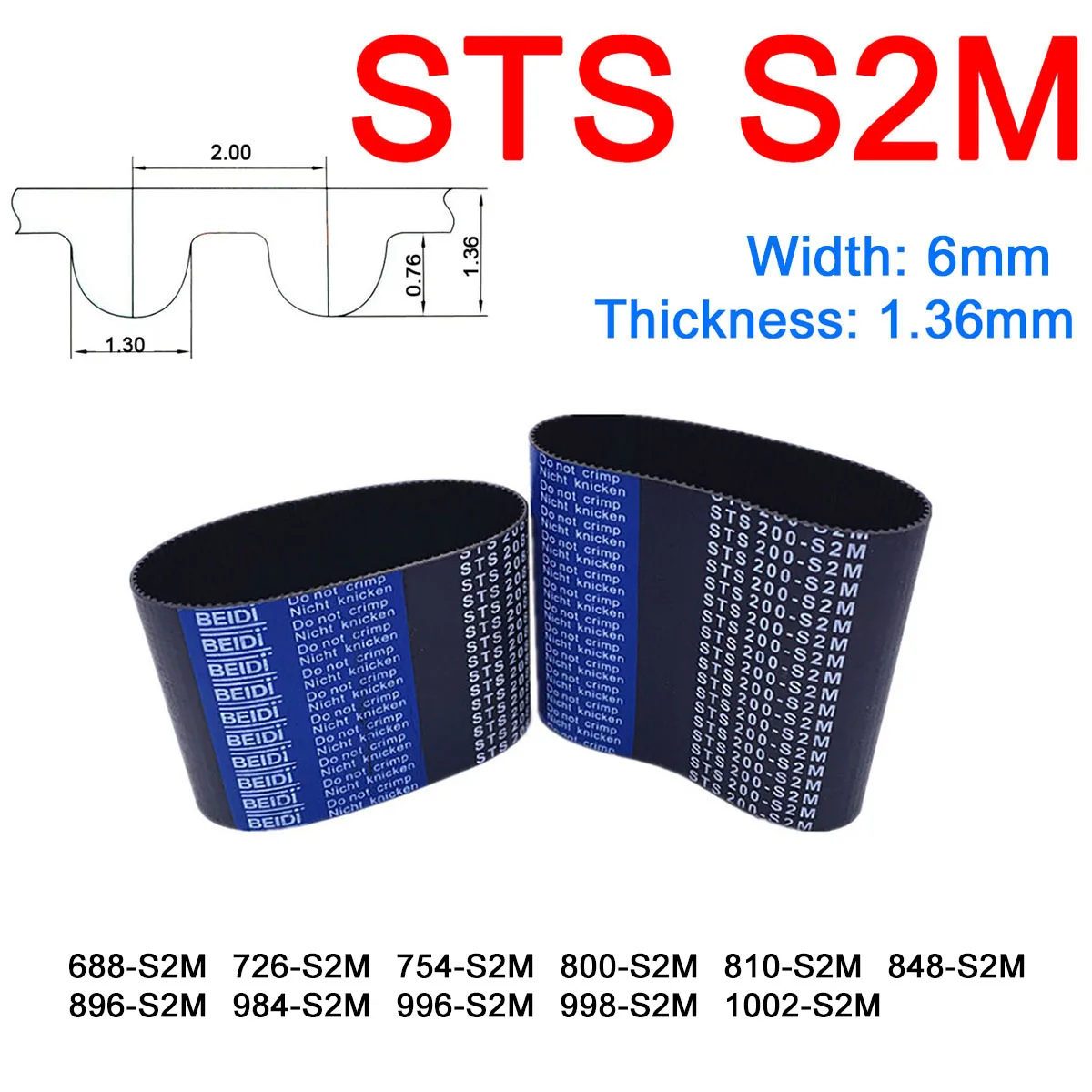 

1Pc Width 6mm S2M Rubber Arc Tooth Timing Belt Pitch Length 688 726 754 800 810 848 896 984 996 998 1002mm Synchronous Belts