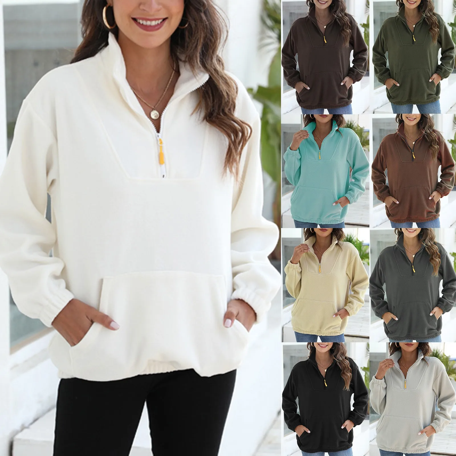 

Sweatshirt No Hood Women Womens h Solid Jacket Long Sleeve 1/4 Zip Down Jacket Doll Sleeve Winter Stand Top Knit Blouse