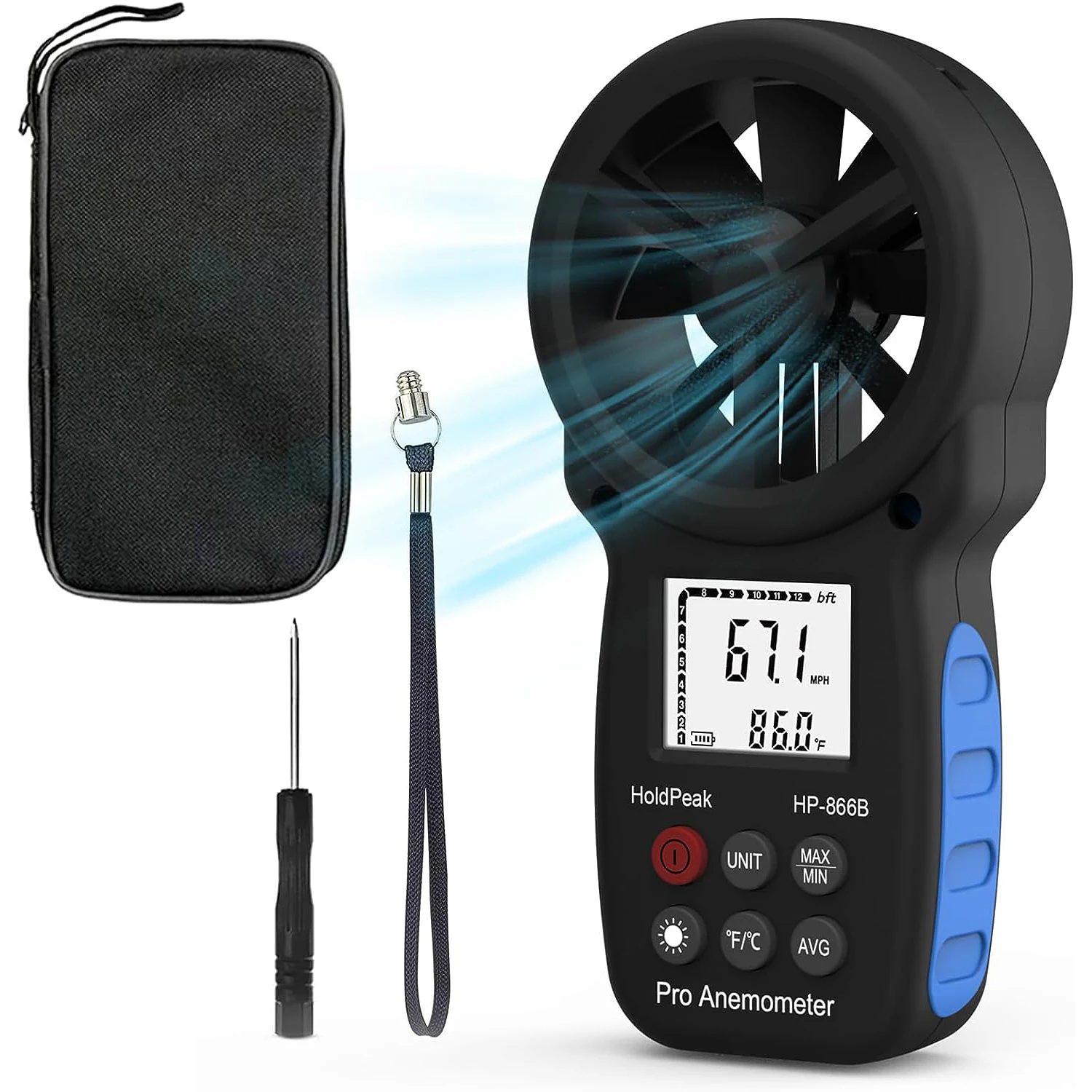 HoldPeak HP-866B Digital Anemometer Handheld Wind Speed Meter for Measuring Wind Speed Temperature and Wind Chill with Backlight