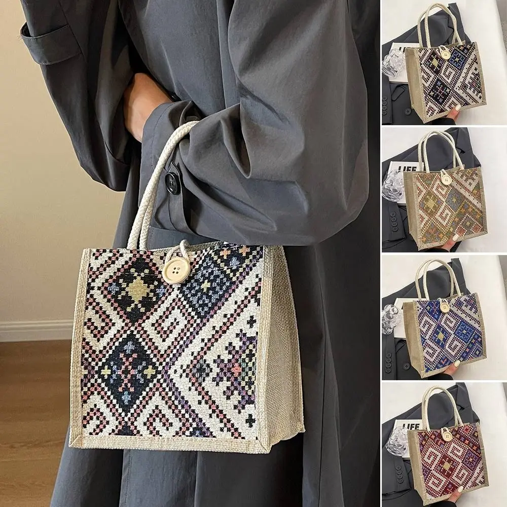 

Shopping Linen Tote Bag Travel National Style Reusable Underarm Bag Hand-Carrying Handbag Women