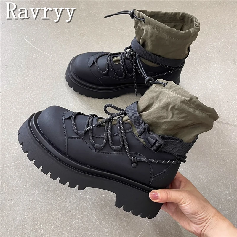 

Women Casual Brand Ankle Boots Natural Leather Round Toe Lace Up Military Boots Fashion Runway Street Motorcycles Boots