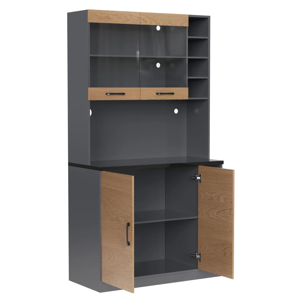 Küchenbuffetschrank mit LED-Leuchten | Freistehendes Highboard aus Holz | Großer Mikrowellenraum und verstellbarer Stauraum | Kabellöcher. – Detail 9