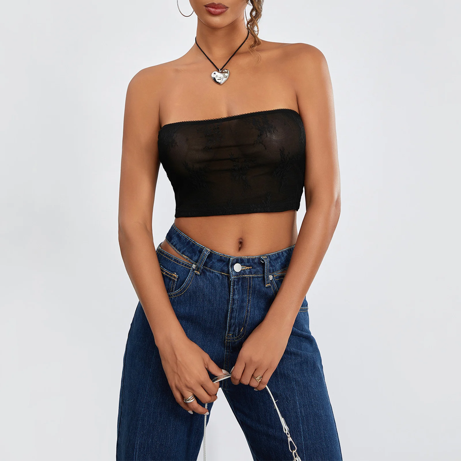 

Women's Lace Tube Tops Tight Fitted Off Shoulder Sleeveless Strapless Lace Embroidery Crop Tops Shirt for Party Club Night