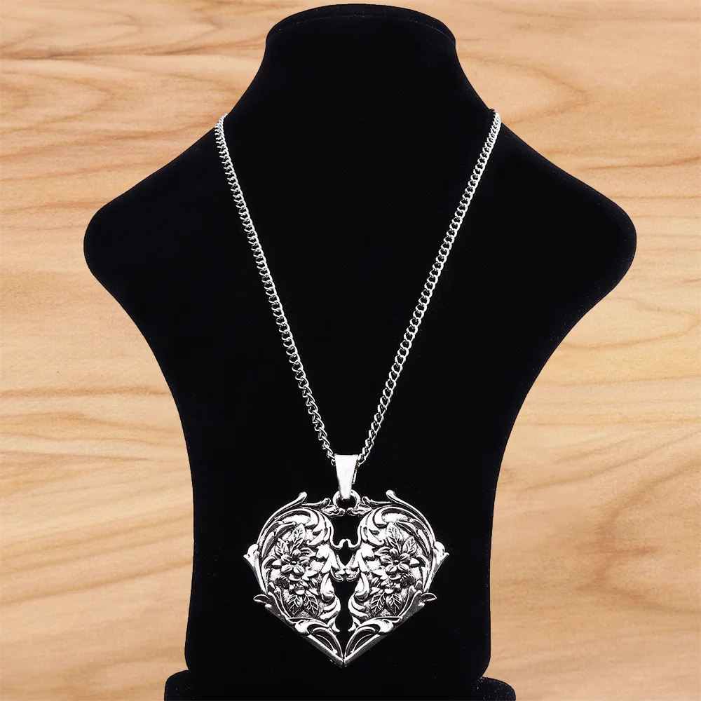 

Tibetan Silver Large Carved Flower Love Heart Pendant on Long Chain Necklace Lagenlook 34 Inches for Jewellery Women Men Gift