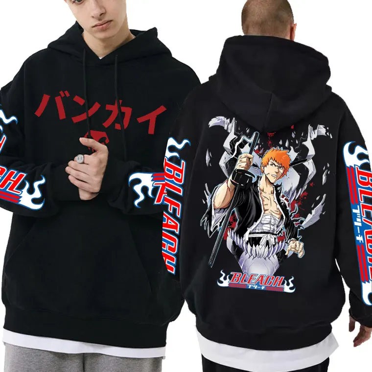 

90s Anime Bleach Kurosaki Ichigo Graphic Hoodie Men's Casual Loose Oversized Sweatshirt Men Women Vintage Harajuku Manga Hoodies