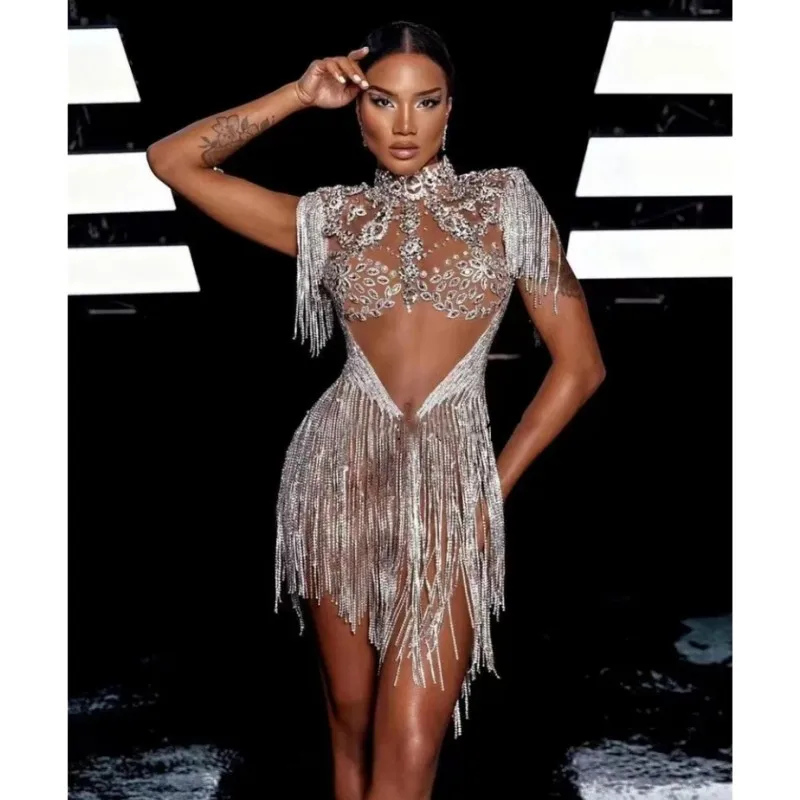 

Chains Tassel Rhinestones Mesh Dress Women Singer Stage Transparent Sexy Costume Birthday Prom Party Celebrity Fringes Dresses