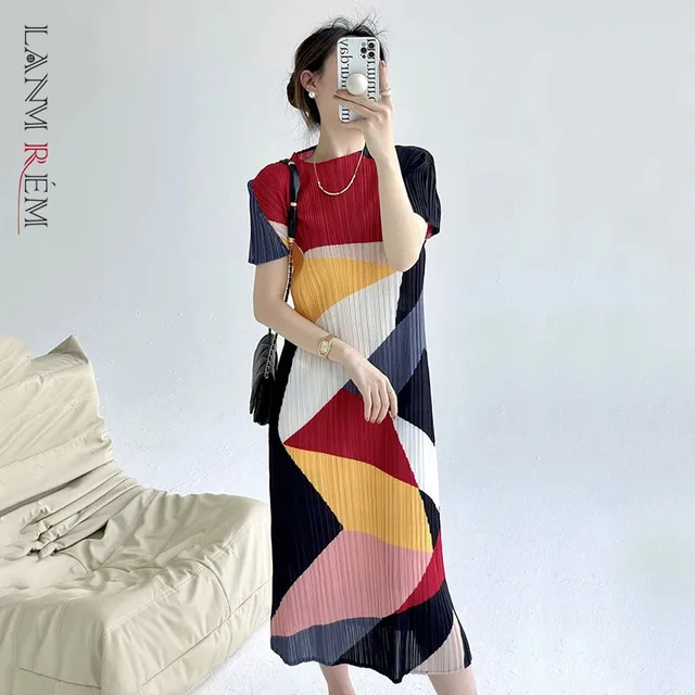 LANMREM Geometric Printting Colorblock Pleated Women's Summer Dress 2025 New Elegant Elastic Slim Short Sleeve Dresses 2DB3838