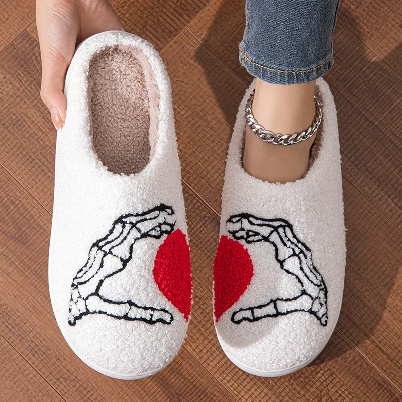 Couples Home Slippers Skull Hand Love Heart Valentine's Day Gift Winter Warmy Cotton Shoes Non Slip Fluffy Comfy Shoes Gift 4