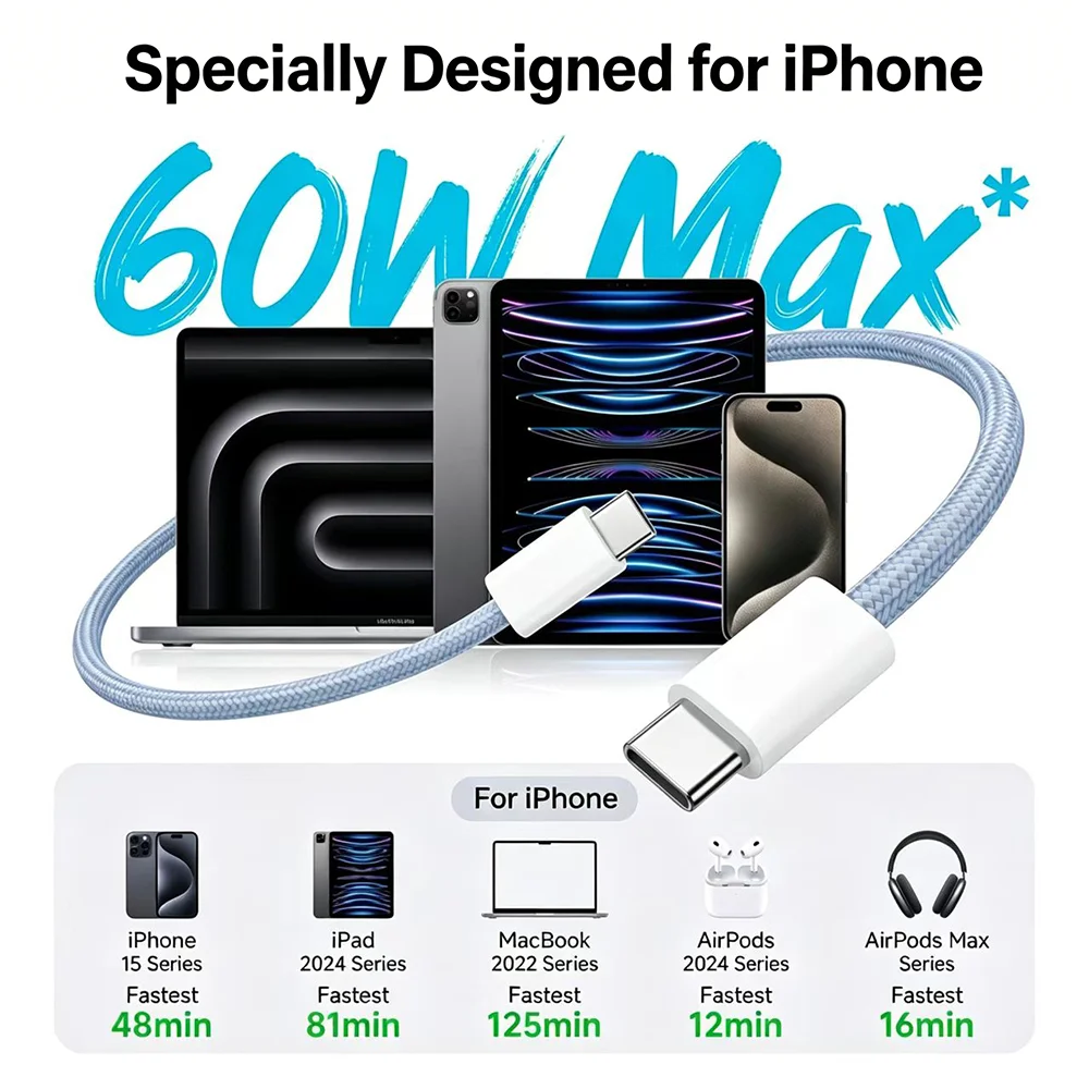 4-Pack USB-C to USB-C 60W Fast Charging Cables