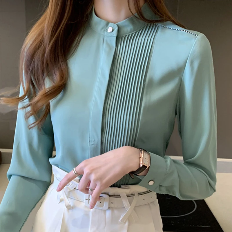

2021 Spring Summer Long Sleeve Chiffon T-Shirts Women Female Solid Color Turn Collar Folds Tops Office Lady Elegant Workwear New