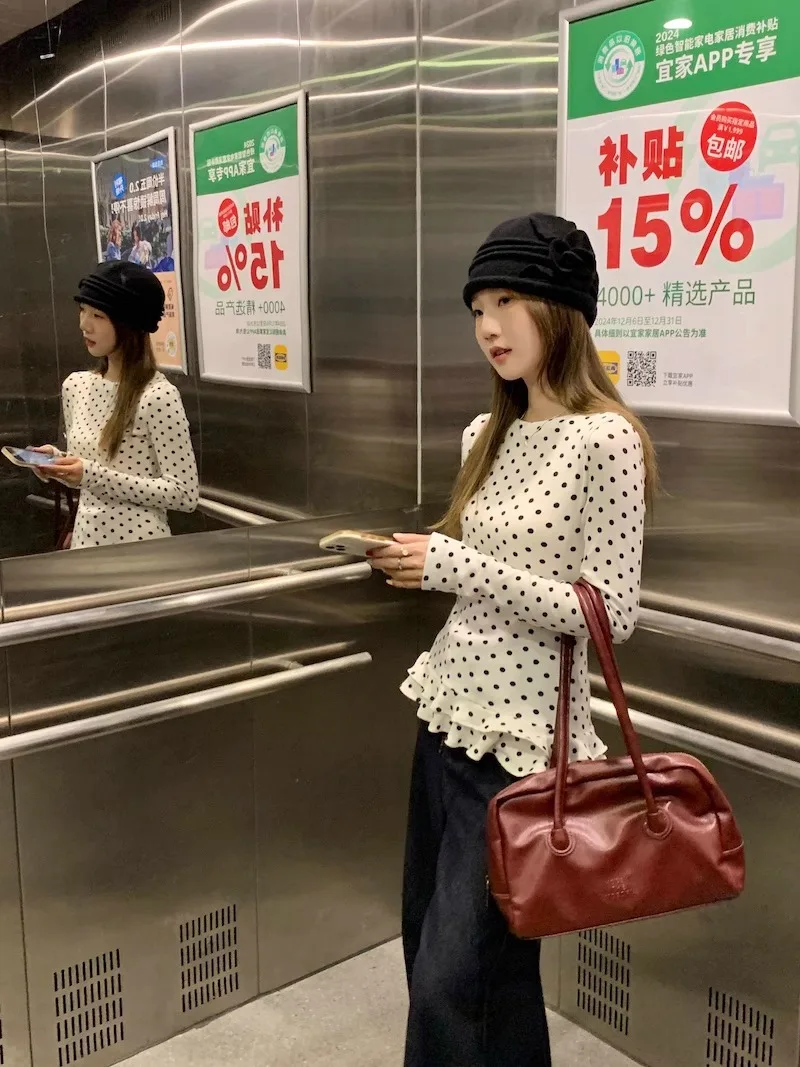 Sweet style white polka dot long sleeve spring and autumn ruffle bottoming shirt for girls