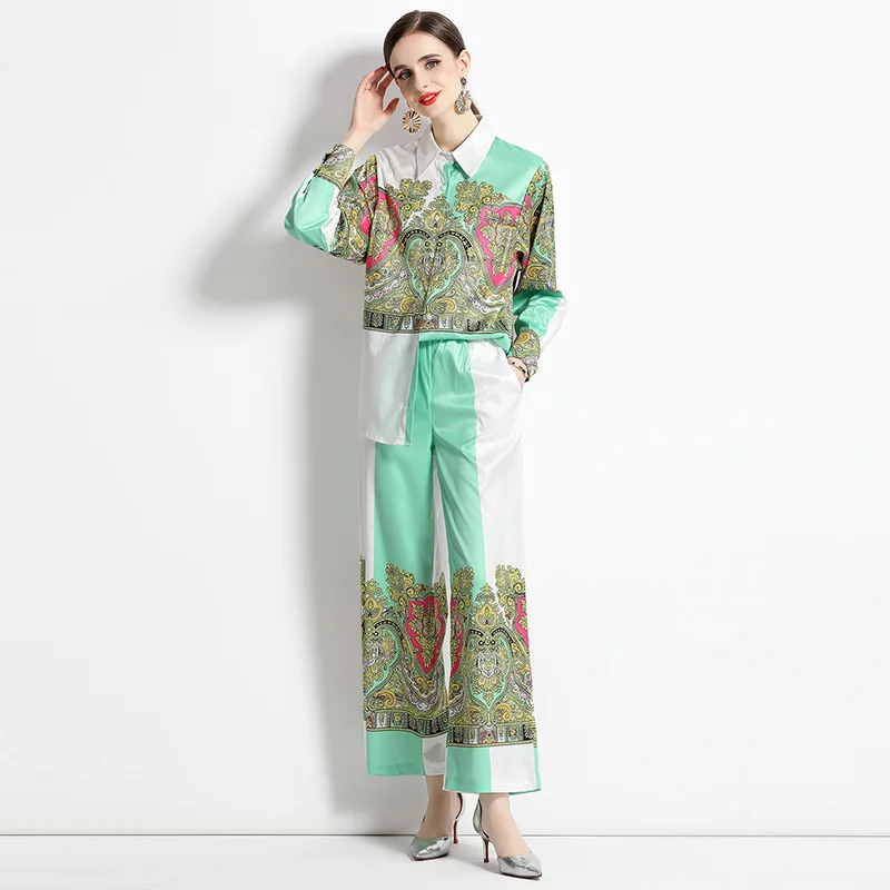 

Runway Fashion Women 2 Piece Suit Spring Summer Vintage Print Long Sleeve Blouse Shirts + Long Pants Elegant Party Set A2221