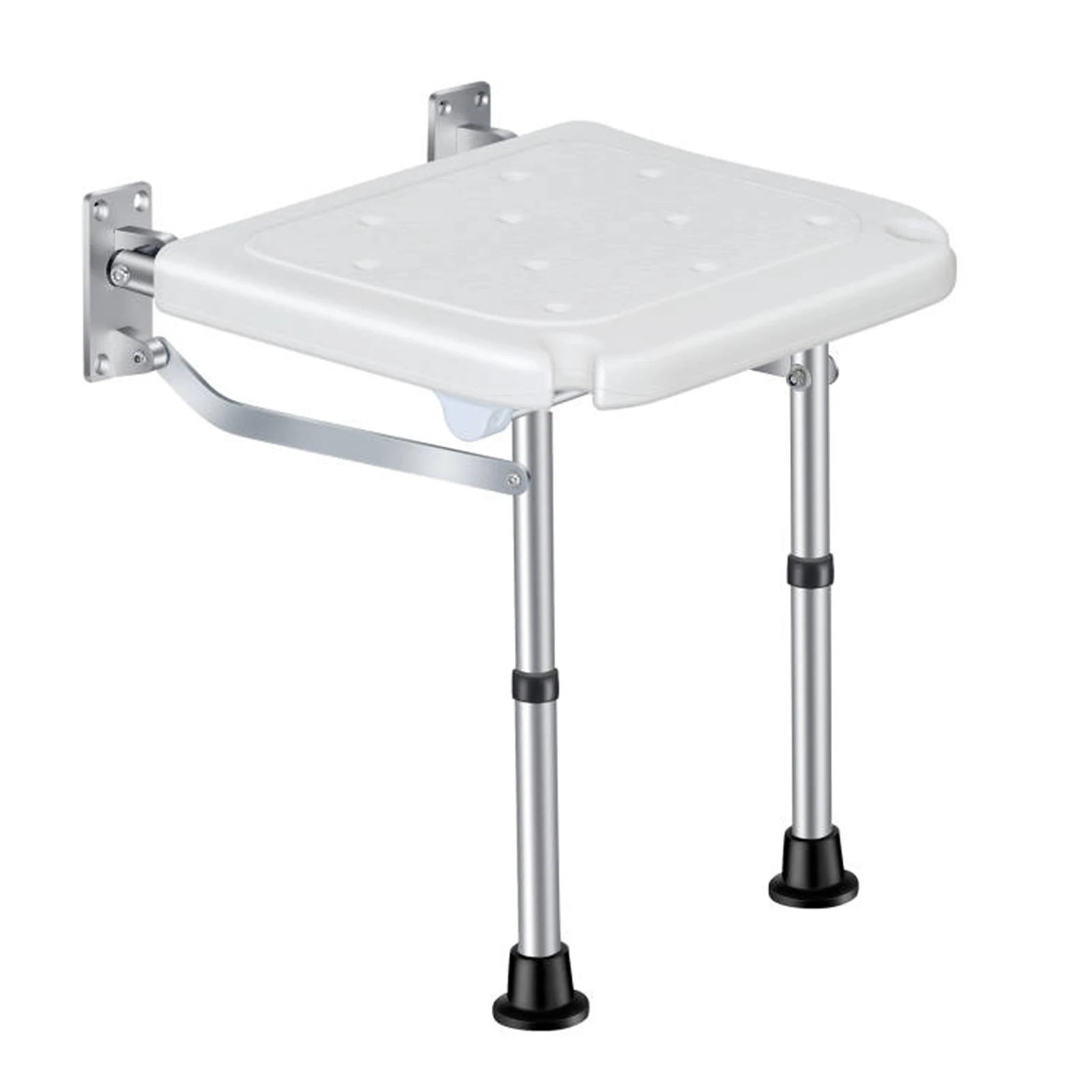 Adjustable Folding Shower Bench Wall Mounted Flip-up Bath Seat Bathroom Chair Stool with Non-slip Feet Drainage Holes 42-53cm