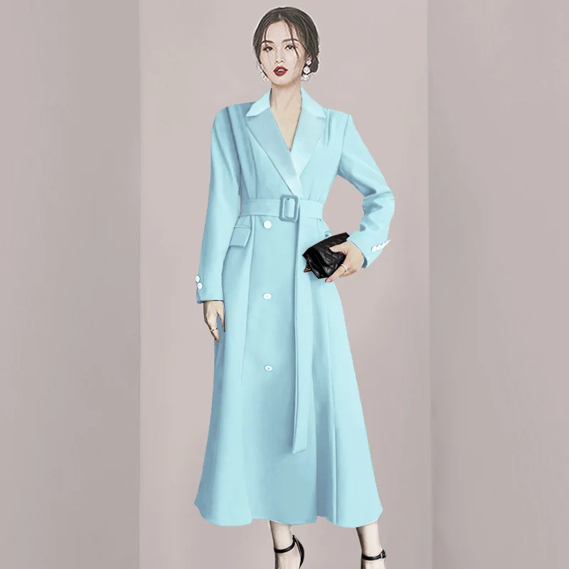 

2023 Early Women's Autumn New Temperament Blue Suit Collar Waist Slim Windbreaker Long Temperament Coat Female