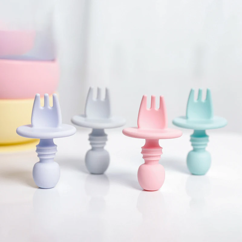 Food Grade Children Wooden Handle Silicone Spoon Fork Cutlery Baby Training Complementary Food Spoon Baby Feeding Spoon Fork 4