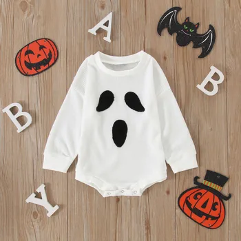 Long Sleeve Baby Sweatshirt Romper for Girls Boys Halloween Clothes Pumpkin/Ghost Print Infant Jumpsuit for Newborn Costumes 2